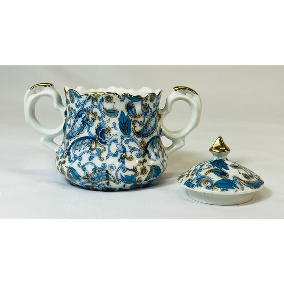 Vintage Lefton Blue Paisley Sugar Bowl Lid Creamer Pitcher Japan - Picture 7 of 12